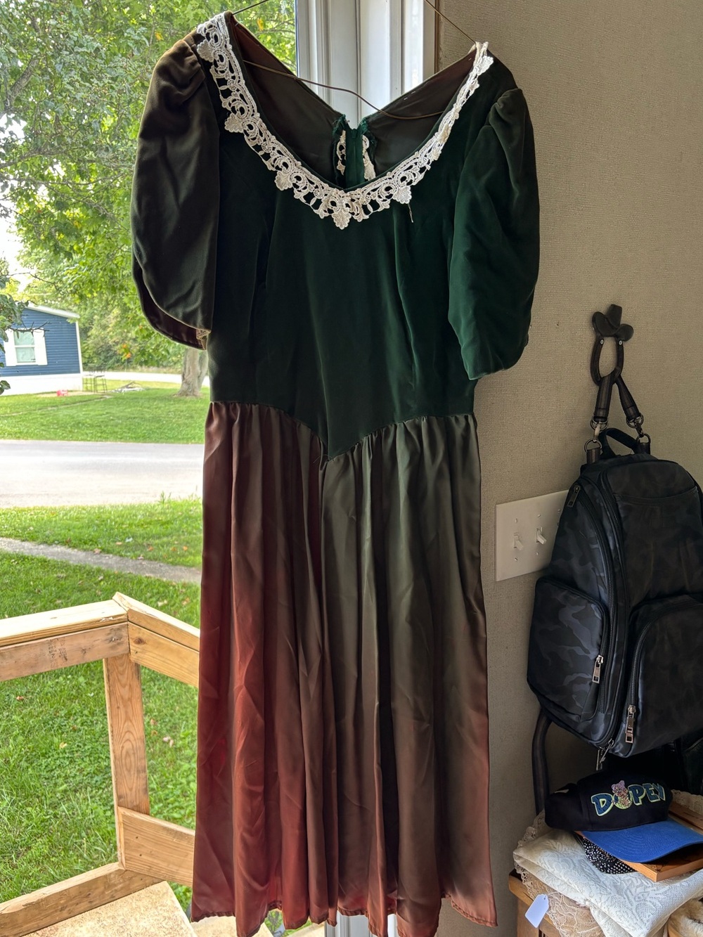 VTG 80s 90s Whimsigoth Handmade Green Velvet Taffeta Dress Crochet Lace Bespoke